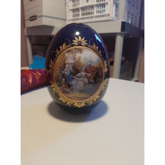 Limoges Porcelain Cobolt Decorative Egg With Gold Detailing Pastoral Scene - Picture 2 of 8